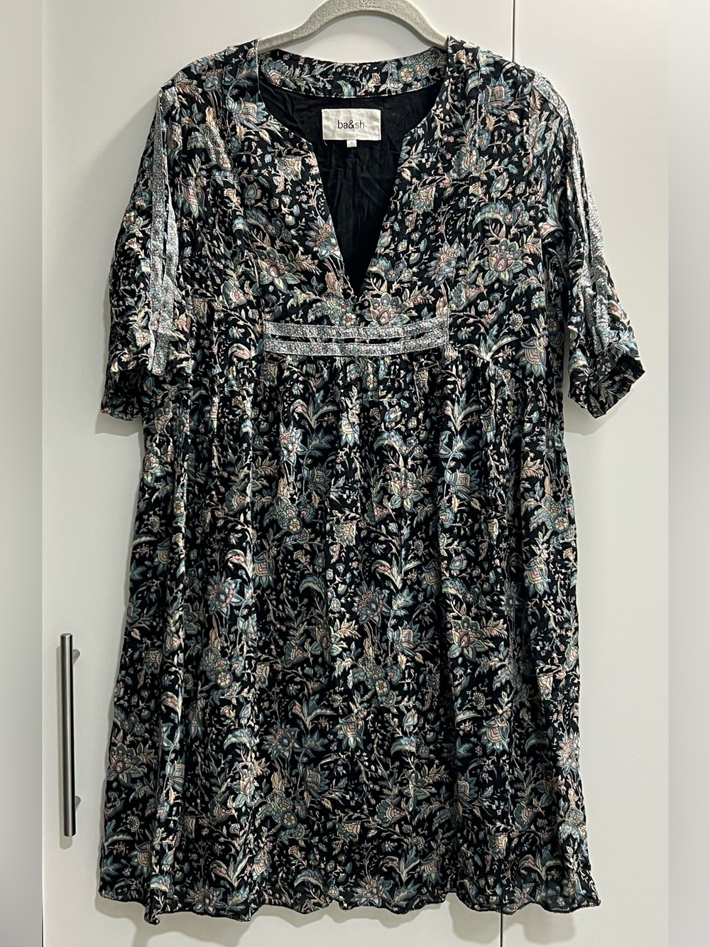 ba&sh Black Velvet Floral Short-Sleeve Tunic with Pastel Print
